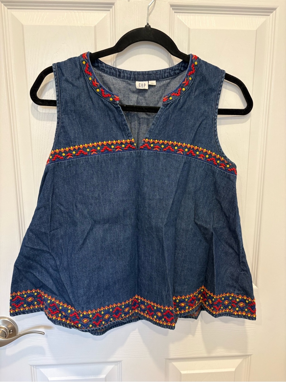 GAP Denim Sleeveless Top with Red & Yellow Embroidery. #1010